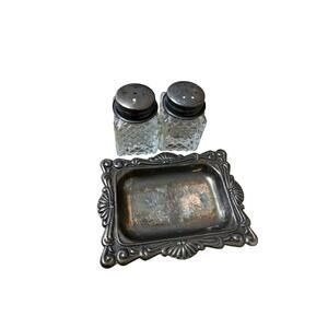 Vintage Glass Salt & Pepper Shakers w/ Silverplate Tray Set Ornate Floral 4”